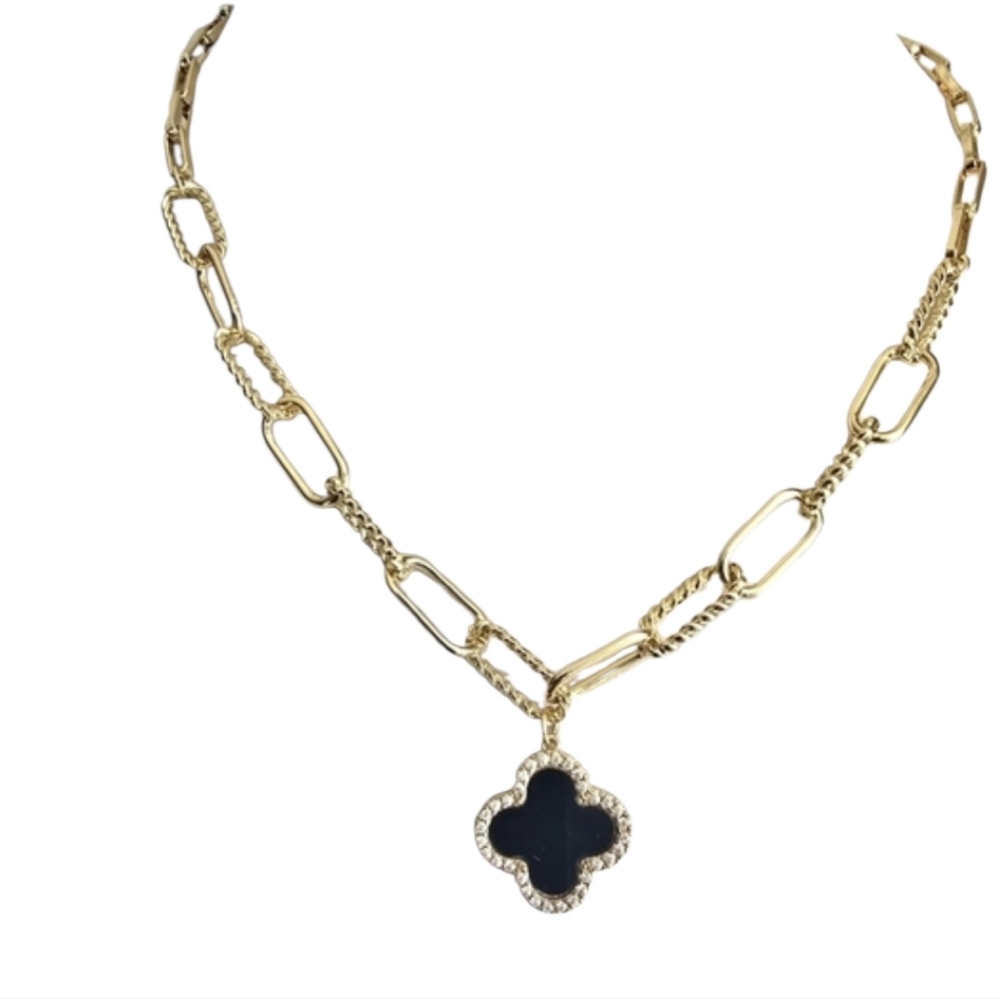 Atterri Black Gold Four Leaf Crystal Rhinestone Necklace 17"